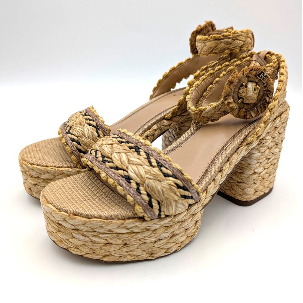 Sam Edelman Iliana Ankle Strap Wedge Sandal Women's Sand Raffia Sz US8.5M EU39